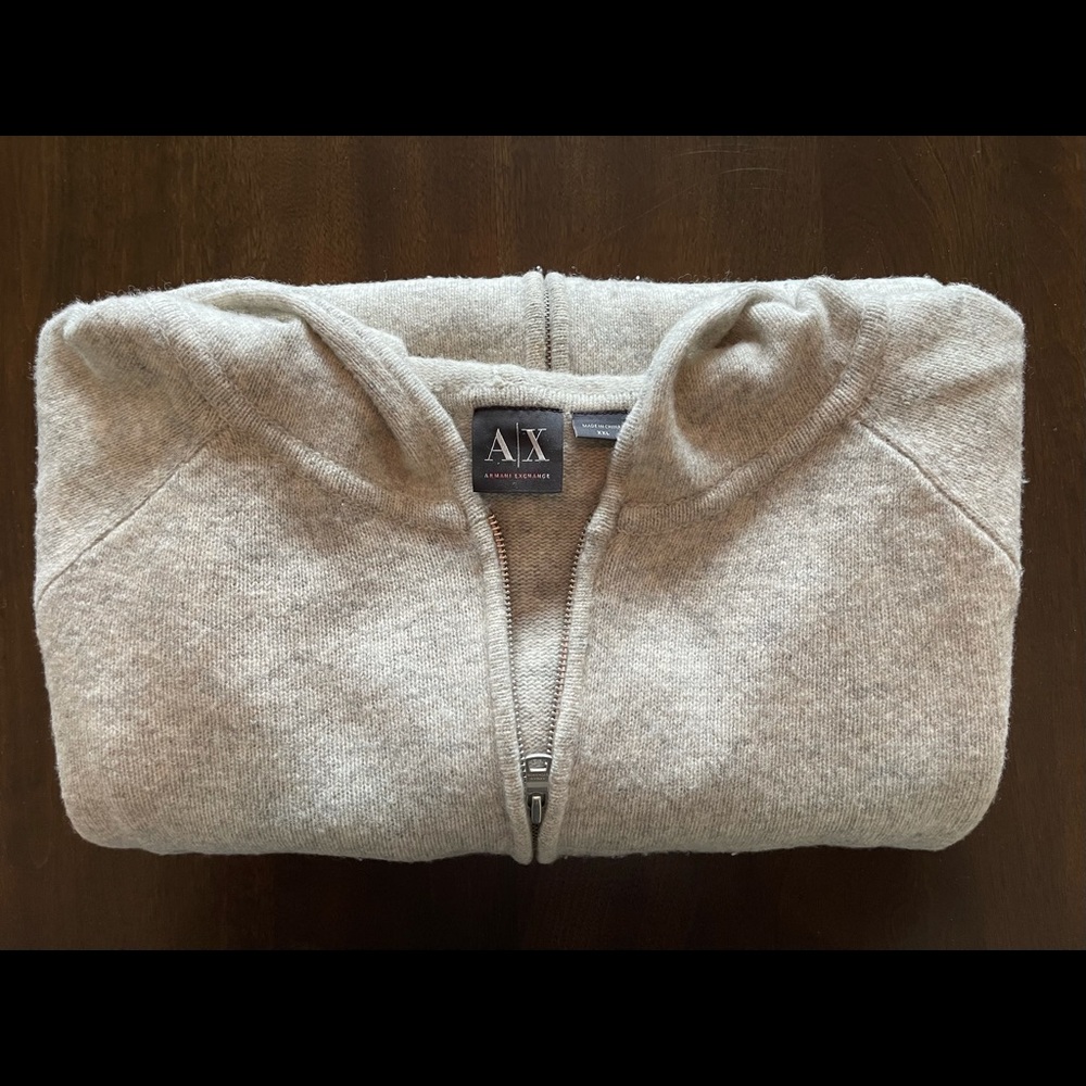 Armani Grey Merino Wool Zip Front Hooded Sweater